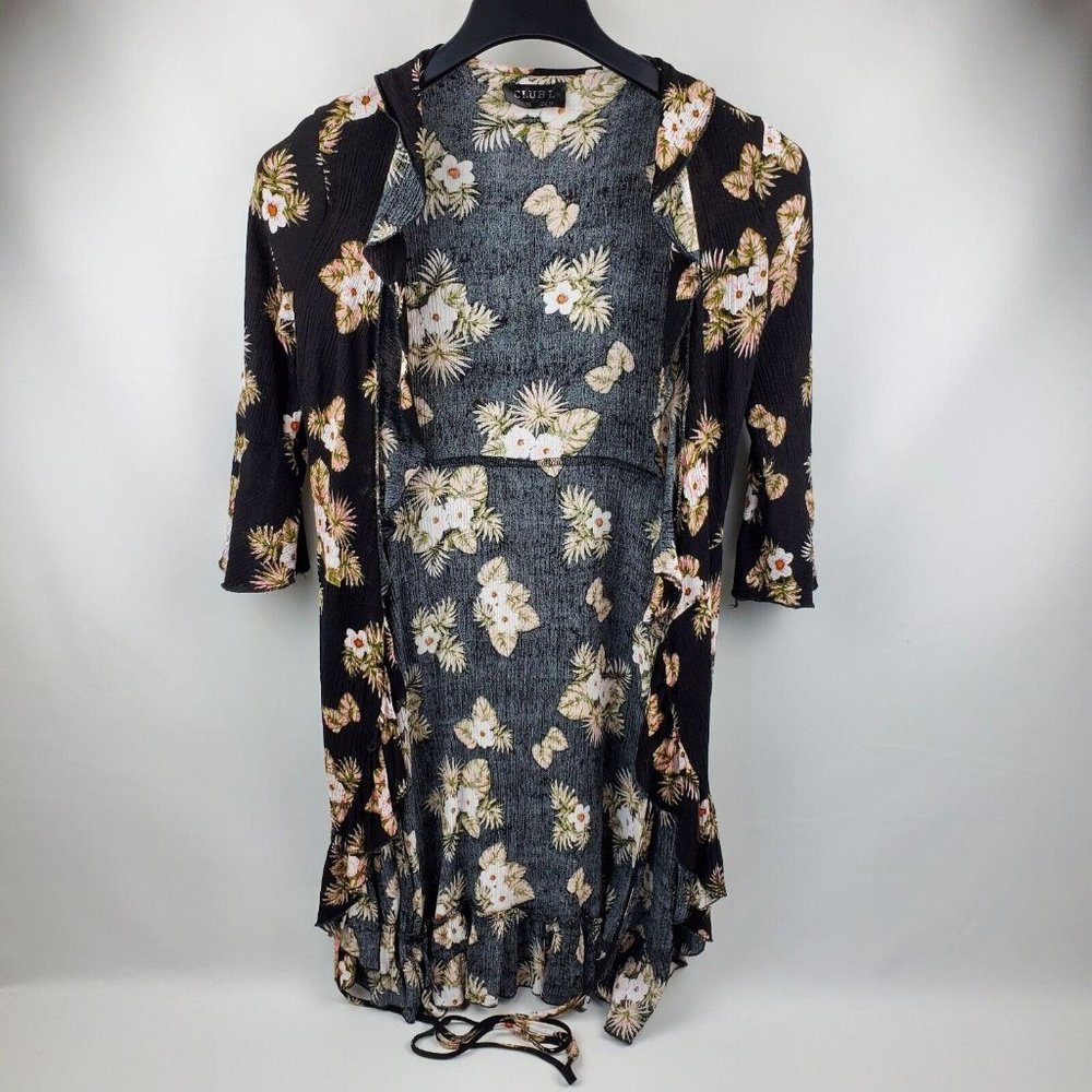 Club L Floral Bell Long Sleeve Open Tie Tunic Cardigan Womens Black